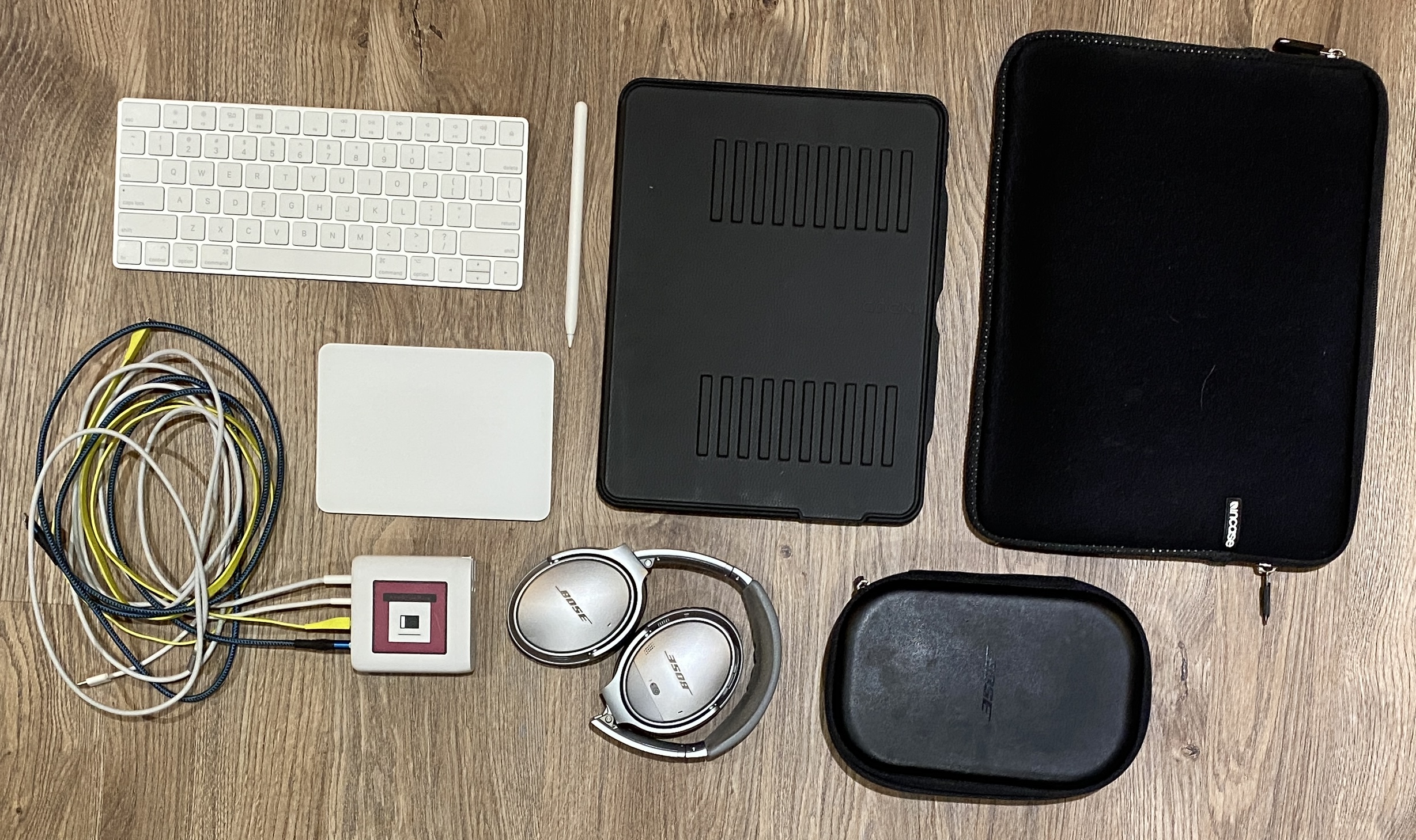 Knolled layout of my travel office gear