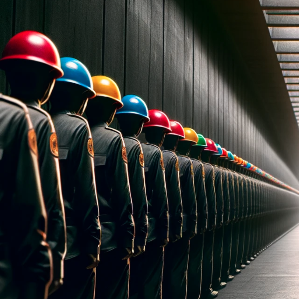 An orderly single file line of people, extending through a dark corridor. Each person faces forward and wears a hat of a unique color.