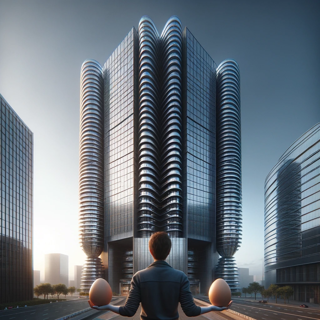 A man holding an egg in each hand looks up at a skyscraper.