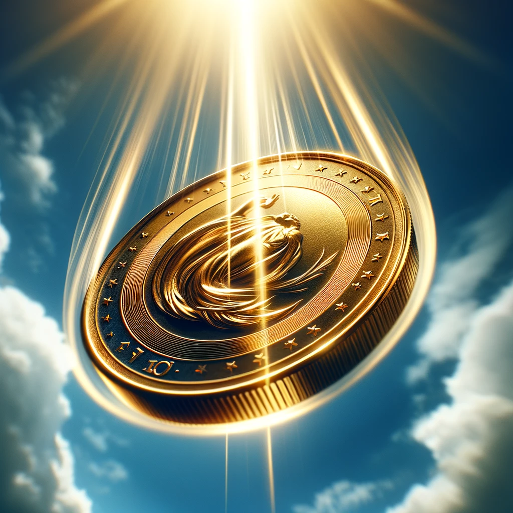 A gold coin spinning in the sky.