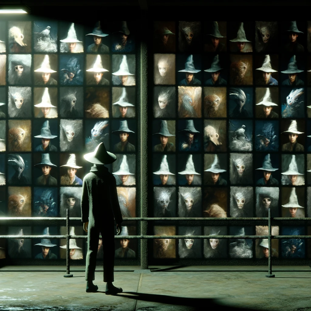 A man wearing a dark hat staring at a wall of images of other men wearing either black or white hats.