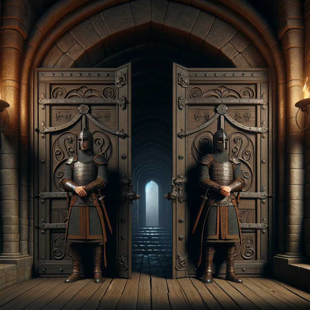 Two doors, each of which is guarded by a guard.